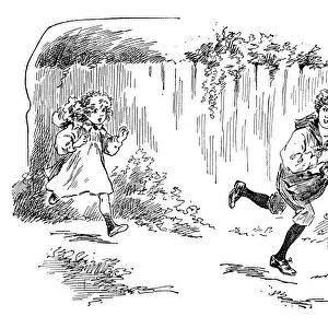 Antique childrens book comic illustration: children running outdoor