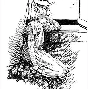 Antique childrens book comic illustration: little girl looking outside window
