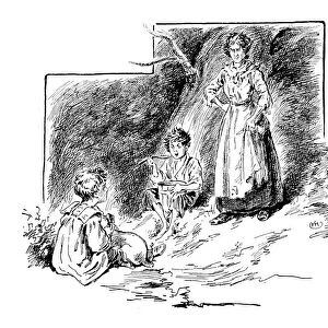 Antique childrens book comic illustration: woman with children