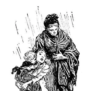 Antique childrens book comic illustration: mother with children under rain