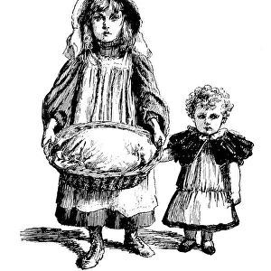 Antique childrens book comic illustration: children with basket