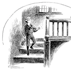 Antique childrens book comic illustration: boy on staircase holding shoes