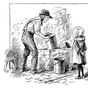 Antique childrens book comic illustration: girl and grandpa