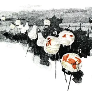Antique dotprinted watercolor illustration of Japan: Lanterns Antique dotprinted watercolor illustration of Japan: Lanterns