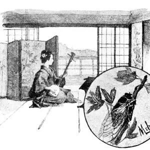 Antique dotprinted watercolor illustration of Japan: Woman with Shamisen guitar Antique dotprinted watercolor illustration of Japan: Woman with Shamisen guitar