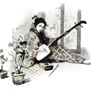 Antique dotprinted watercolor illustration of Japan: Woman with Shamisen guitar Antique dotprinted watercolor illustration of Japan: Woman with Shamisen guitar