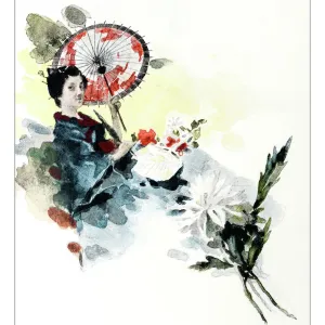 Antique dotprinted watercolor illustration of Japan: Woman with umbrella Antique dotprinted watercolor illustration of Japan: Woman with umbrella