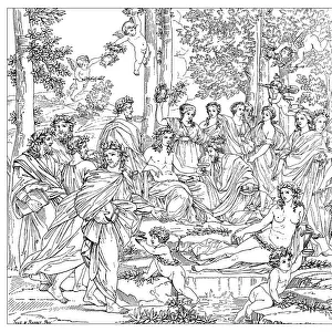 Antique illustration of Apollo and Muses on Mount Parnassus
