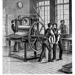 Antique illustration of book production, printing press, typography