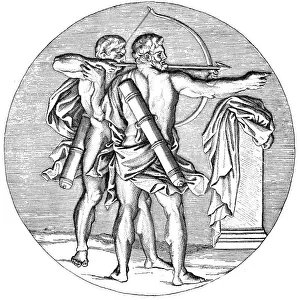 Antique illustration of Chiron teaching Heracles how to shoot arrows