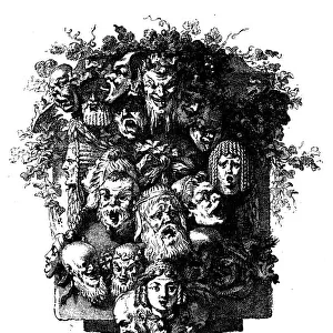 Antique illustration of decorative image (cul-de-lampe) with faces