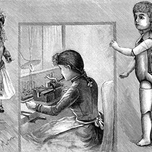 Antique illustration of Edison talking doll production