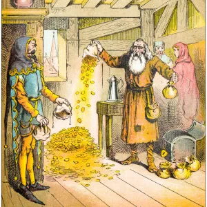 Antique illustration from fables picture book: The blind beggar of Bethnal Green