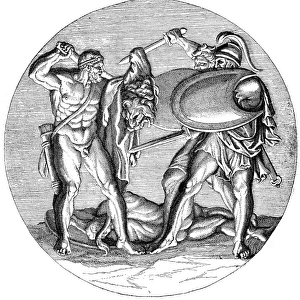 Antique illustration of Heracles fighting with Diomedes and his men
