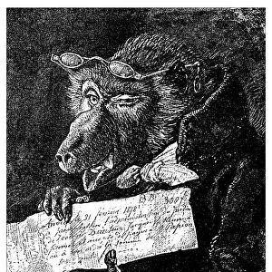 Antique illustration of humanized beast holding a paper