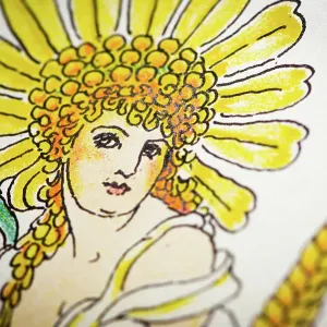 Antique illustration of humanized flowers and plants: Corn Marigold