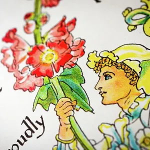 Antique illustration of humanized flowers and plants: Hollyhock
