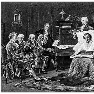 Antique illustration of important people of the past: Mozart singing his requiem