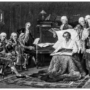 Antique illustration of important people of the past: Mozart singing his requiem Antique illustration of important people of the past: Mozart singing his requiem