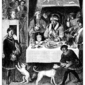Antique illustration of lunch of a 16th century Flemish gentleman