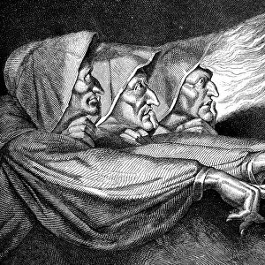 Antique illustration of the three Macbeth witches
