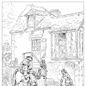 Antique illustration of man riding horse at the coaching house