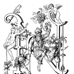 Antique illustration of ornate capital letter N