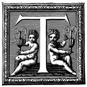 Antique illustration of ornate capital letter t