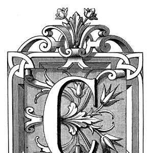 Antique illustration of ornate letter C, with geometrical, vegetal motifs