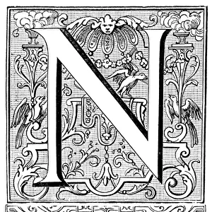 Antique illustration of ornate letter N