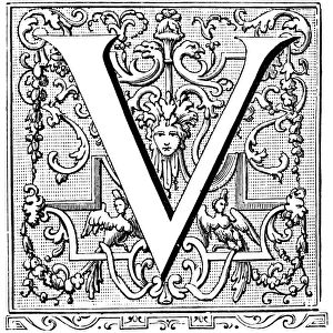 Antique illustration of ornate letter V