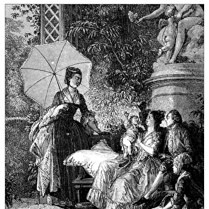 Antique illustration of people in the garden