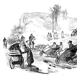 Antique illustration by Randolph Caldecott: Wheelchairs fun