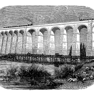 Antique illustration of scientific discoveries, experiments and inventions: Railroad building viaduct Antique illustration of scientific discoveries, experiments and inventions: Railroad building viaduct