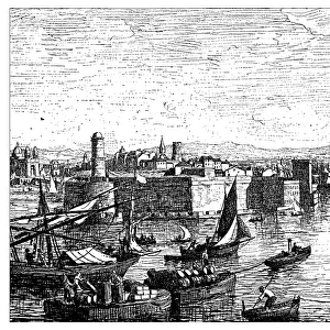 Antique illustration of view of the harbor of Marseilles (France)