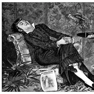 Antique illustration of woman sleeping on her armchair