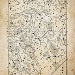 Antique illustration on yellow aged paper: zodiac astrology constellations (series 9)