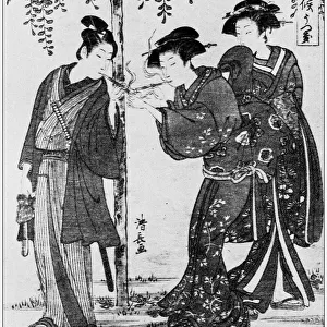 Antique Japanese Illustration: A samurai and two women by Torii Kiyonaga
