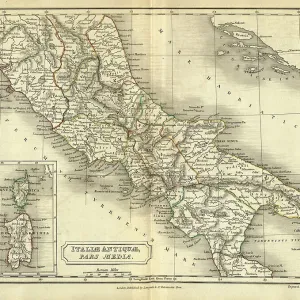 Antique map of Central Italy in Ancient times, Roman, Italiae Antiquae pars media Antique map of Central Italy in Ancient times, Roman, Italiae Antiquae pars media