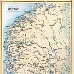 Antique map of fjords of Norway with detail of Christiania (Oslo) in 1890s, Victorian 19th Century