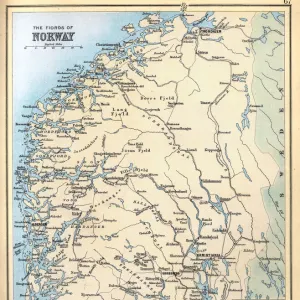 Antique map of fjords of Norway with detail of Christiania (Oslo) in 1890s, Victorian 19th Century