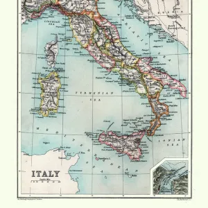 Antique Map of Italy, with detail of straits of Messina, 19th Century