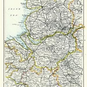 Antique map, Lancashire, Cheshire, Stafford, Liverpool, 19th Century