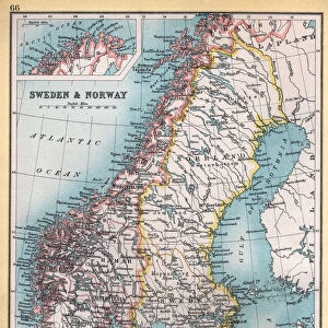 Antique map of Sweden and Norway in 1890s, Victorian 19th Century