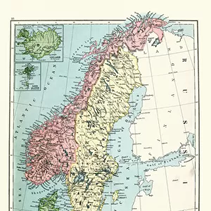 Antique map of Sweden, Norway, Denmark, 1897, late 19th Century