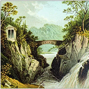 Antique painting of Scotland cities, lakes and mountains: Hermitage and Waterfalls of the Bruar, near Dunkeld