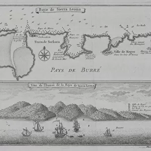 Antique print of map and illustration of coastal Sierra Leone