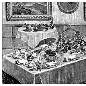 Antique recipes book engraving illustration: Dinner table