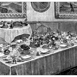 Antique Recipes Print: Engraved Dinner Table Scene Antique Recipes Print: Engraved Dinner Table Scene