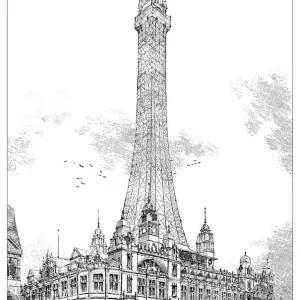 Gravure scientifique ancienne d'illustration : la tour de Blackpool. Gravure scientifique ancienne d'illustration : la tour de Blackpool.